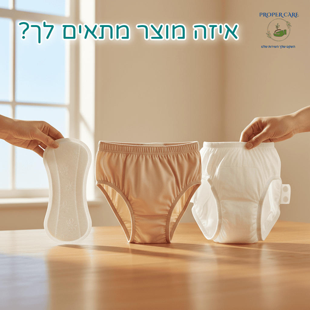 שלושה סוגים שונים של מוצרי ספיגה למבוגרים מונחים זה לצד זה