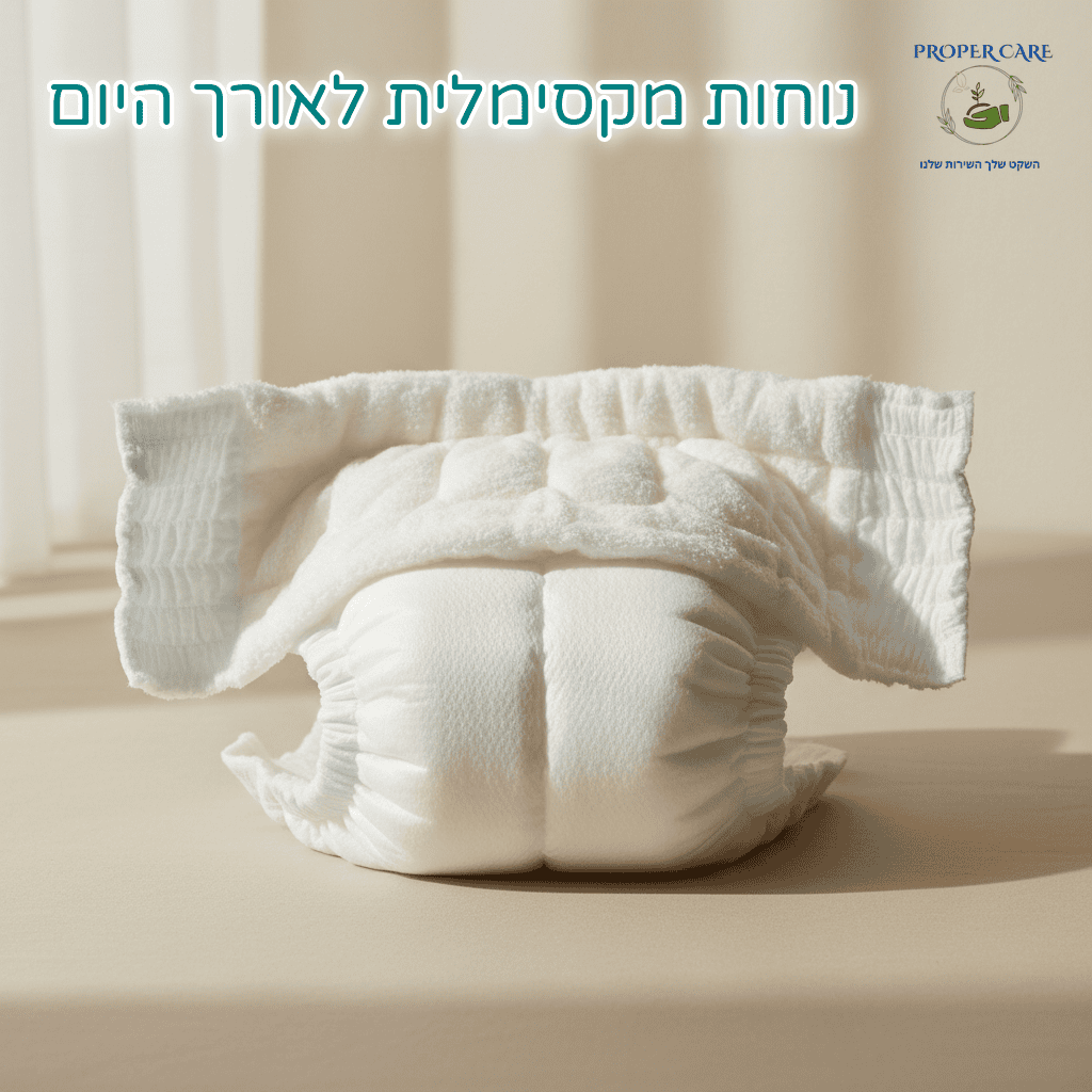 חיתול למבוגרים עם שכבות רכות וגומיות גמישות, מונח על משטח נקי