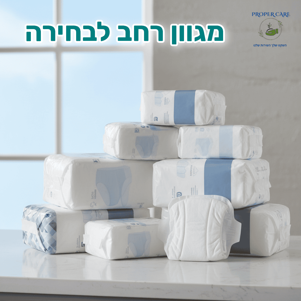 מגוון חיתולים למבוגרים מסודרים על משטח נקי