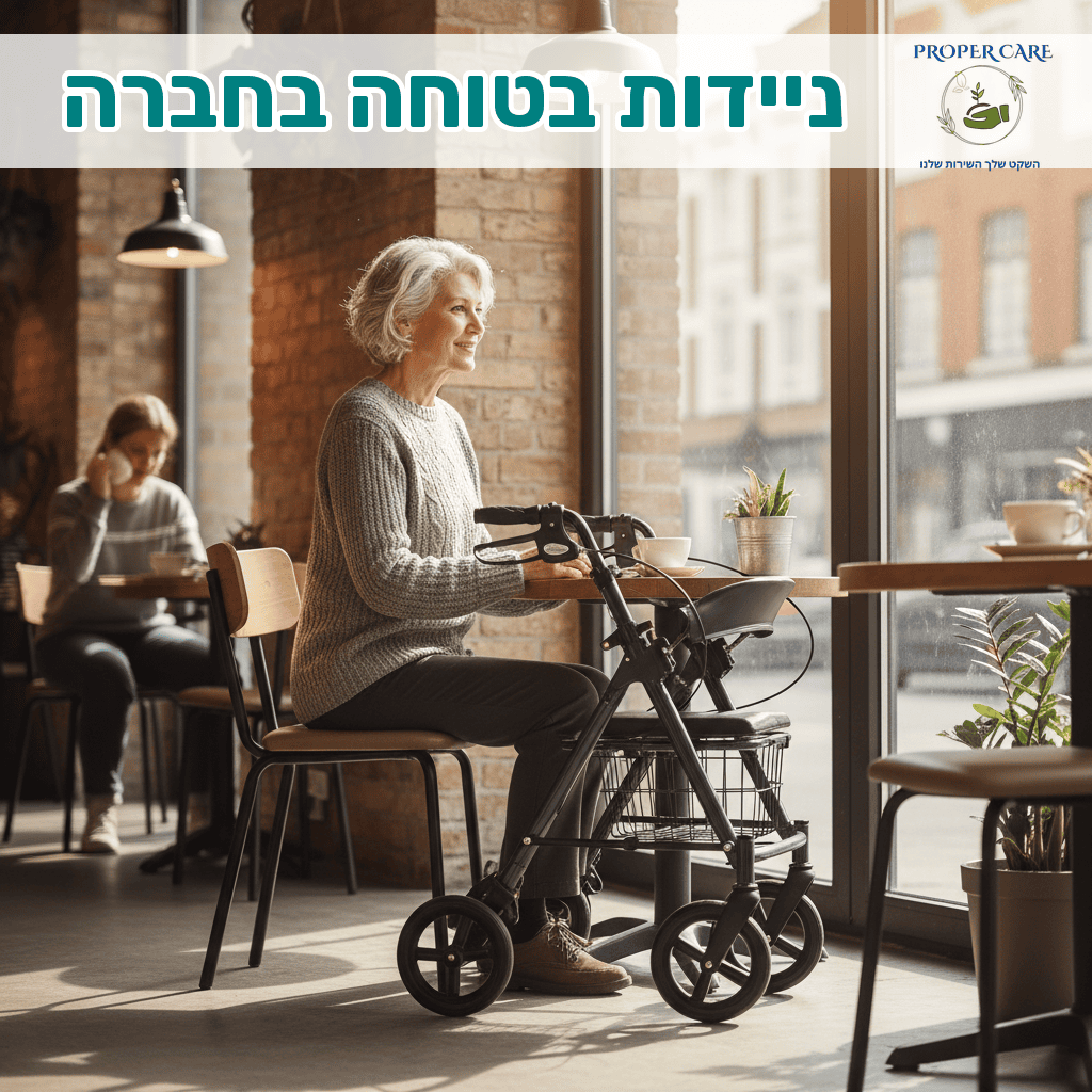 אדם משתמש ברולטור בעל ארבעה גלגלים בבית קפה עירוני, בין שולחנות וכיסאות. ניידות בטוחה בחברה.
