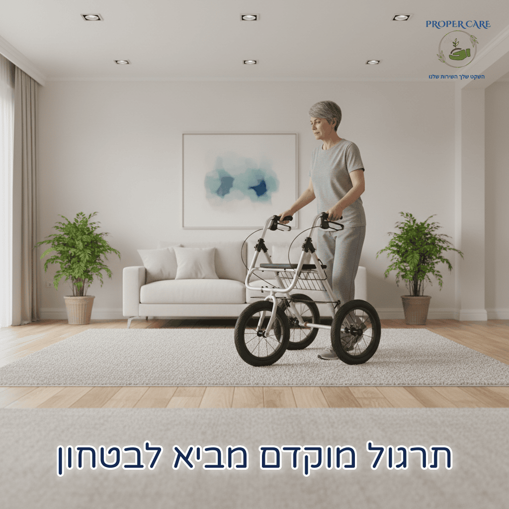 אדם מתרגל שימוש ברולטור בסלון ביתי שקט, לומד לשלוט במכשיר לפני יציאה לסביבה חברתית. תרגול מוקדם מביא לבטחון.