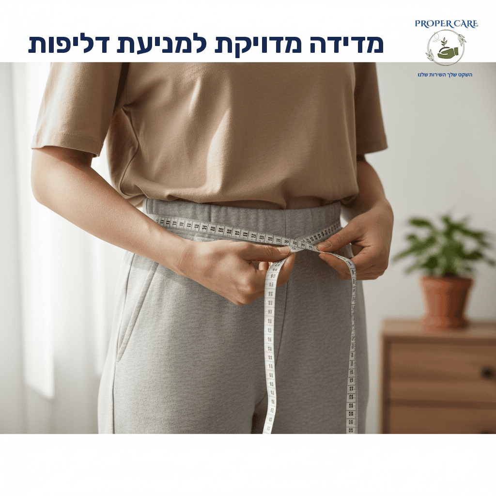 סרט מדידה לבן נכרך סביב היקף האגן של אדם, מונח על בגדים בצבע נייטרלי, בתאורה טבעית רכה. מדידה מדויקת למניעת דליפות