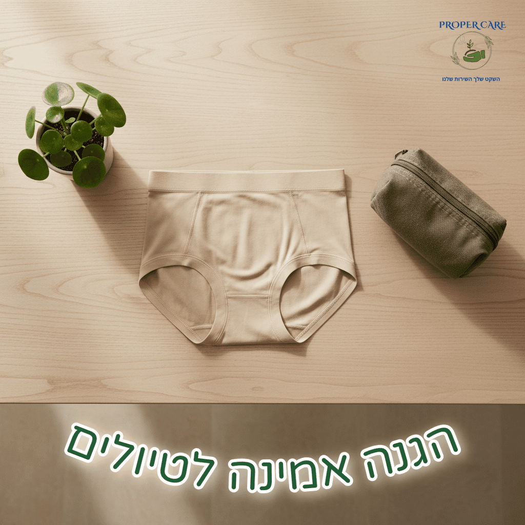 זוג תחתונים סופגים דיסקרטיים בצבע בז' מונחים על משטח עץ טבעי לצד תיק קטן וצמח ירוק, בתאורה יום רכה. הגנה אמינה לטיולים