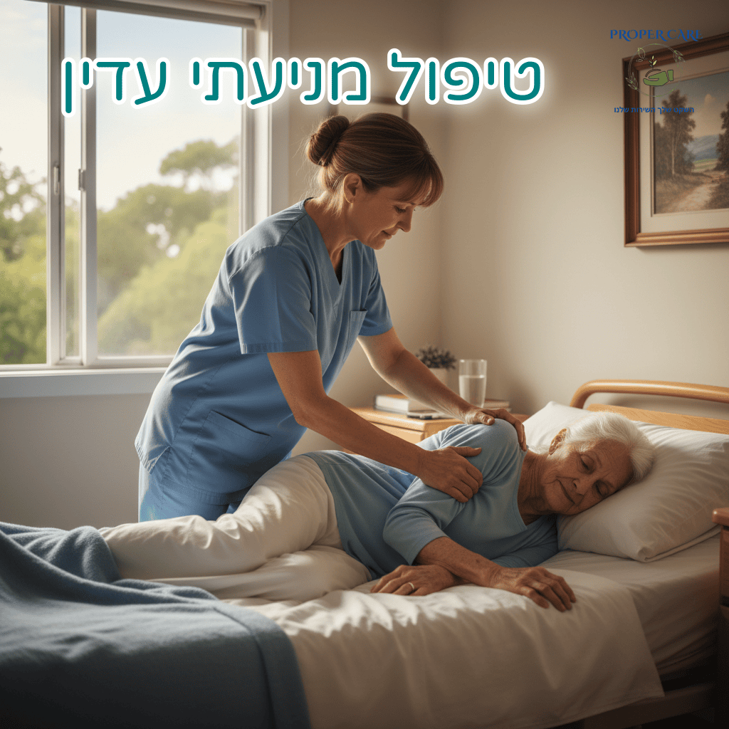 מטפלת מסייעת למבוגר לשנות תנוחה במיטה באופן עדין כדי למנוע לחץ על העור, "טיפול מניעתי עדין".