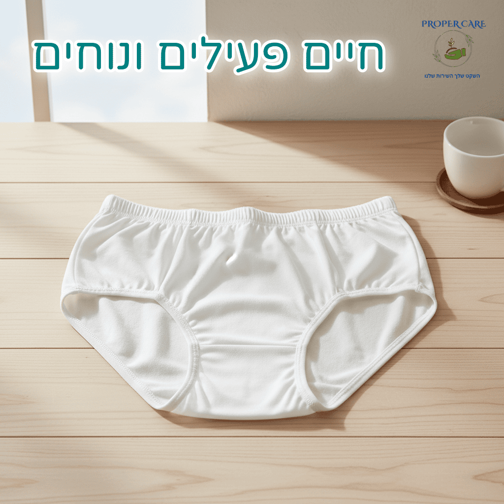 תחתון סופג לבן מונח על משטח עץ בהיר לצד כוס קפה, מסמל שגרה יומית פעילה ועצמאות. "חיים פעילים ונוחים"