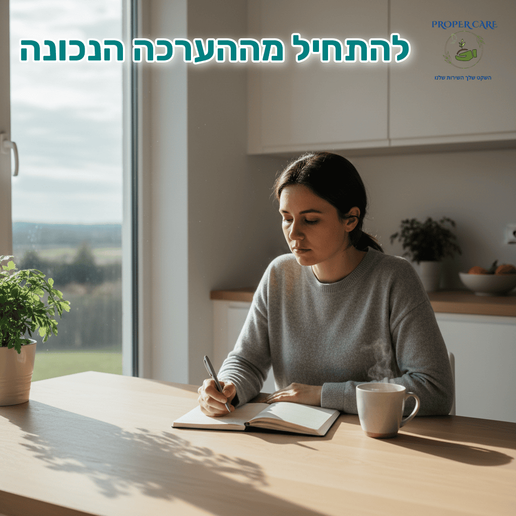 אדם יושב ליד שולחן ומעריך את צרכיו לפני בחירת מוצר ספיגה