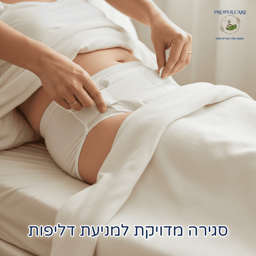 ידיים של מטפל סוגרות רצועות דביקות של תחתון סופג במיטה