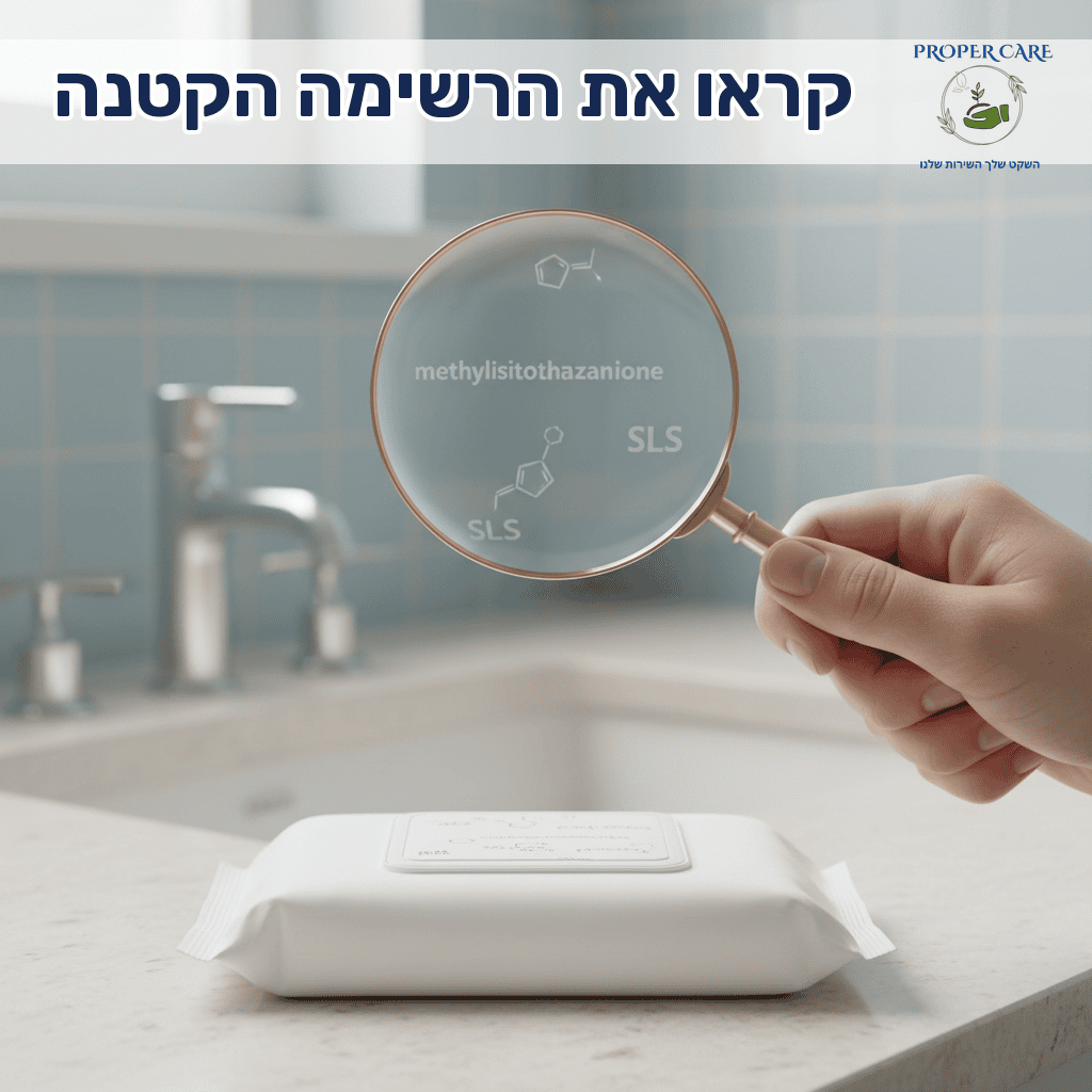 יד עם זכוכית מגדלת בוחנת את רשימת המרכיבים על אריזת מגבונים לחים