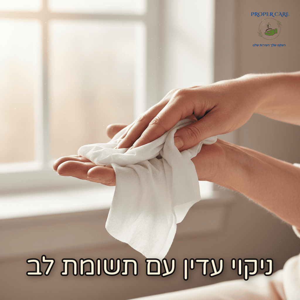 ידיים של מטפל מנקות בעדינות את ידו של אדם מבוגר עם מגבון לח גדול