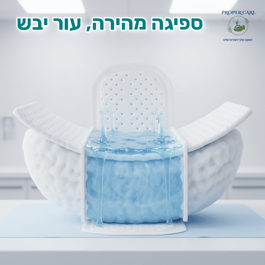 חתך של פד ייעודי עם פולימר סופג שהופך נוזל לג'ל מוצק