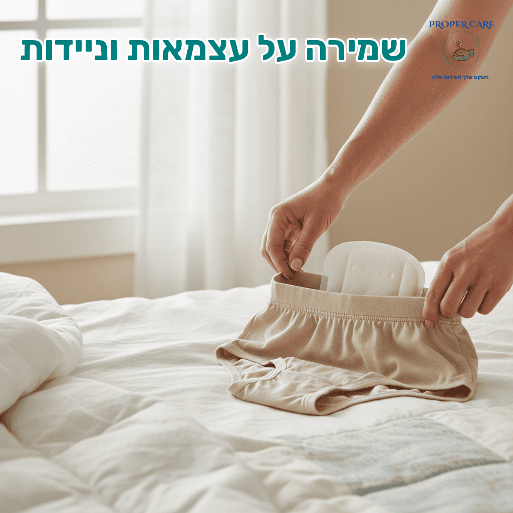 פד דיסקרטי מונח בתוך תחתונים רגילים על המיטה